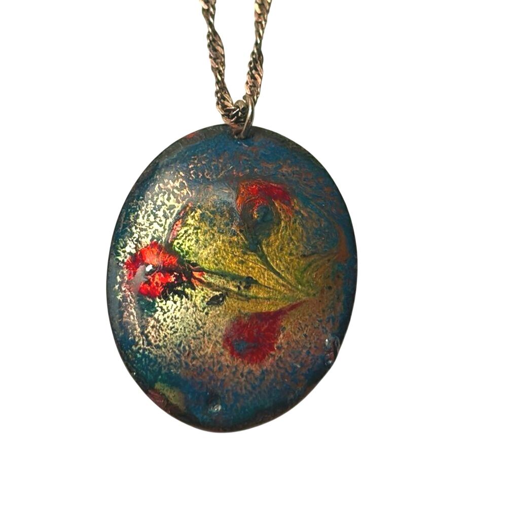 Artisan Painted Enamel Metal Pendant Necklace Floral Abstract 32” Chain